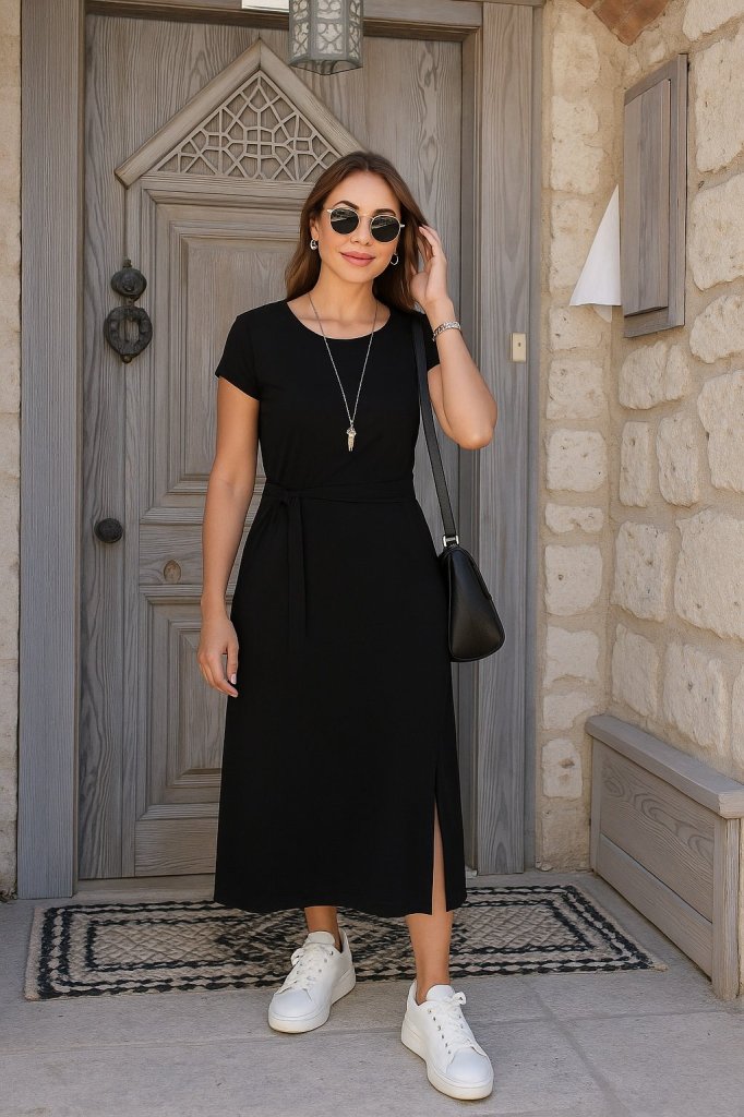 Women's Short Sleeve Round Neck Waist Tie Front Slit Aerobin Dress