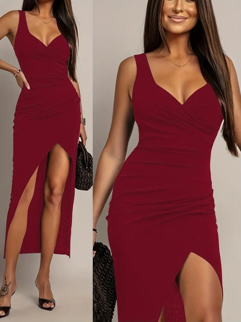 Women's Strappy Wrap Collar Front Asymmetric Cut Detailed Long Imported Dress