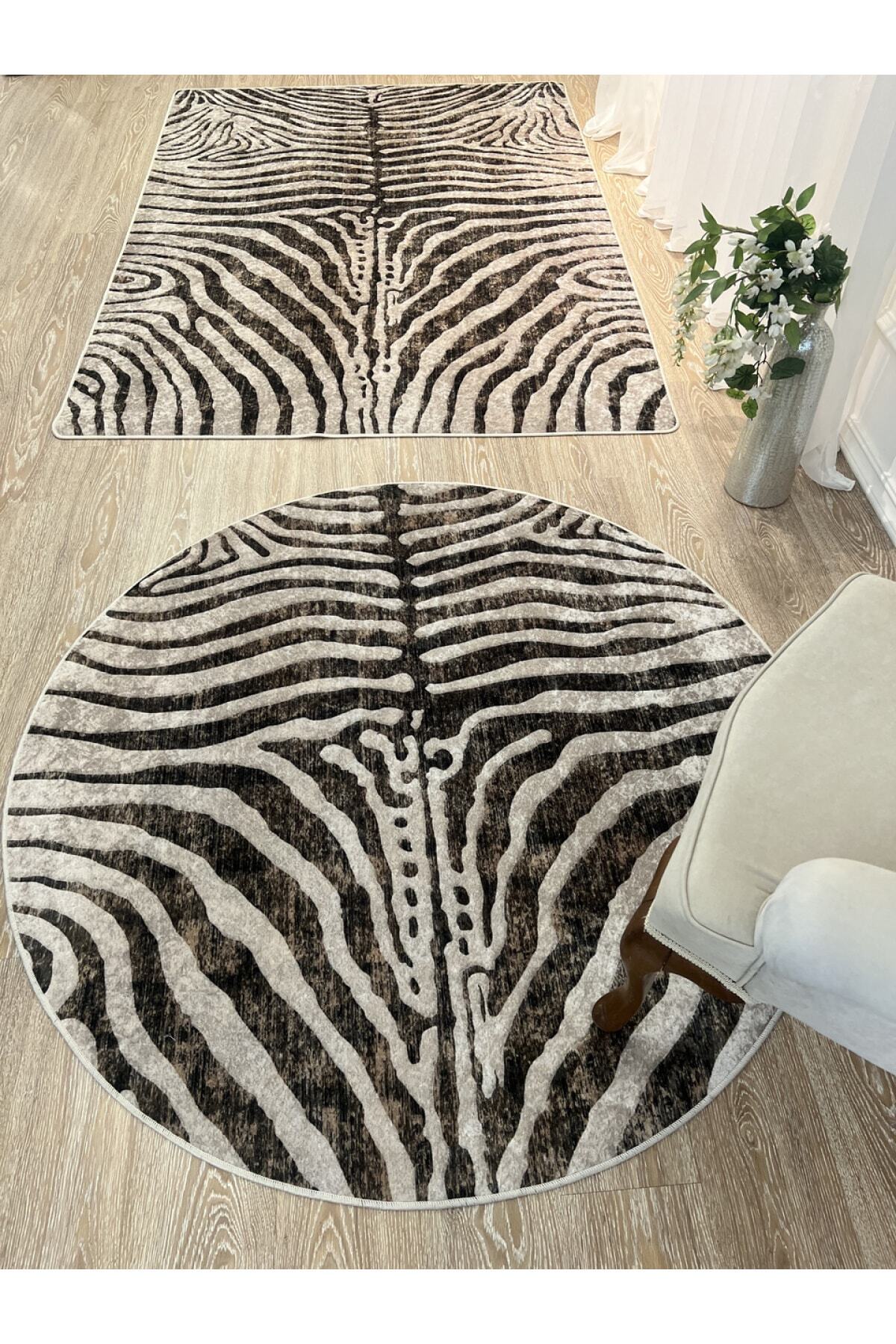 Zebra Desenli Yuvarlak Siyah - Gri Dekoratif Halı