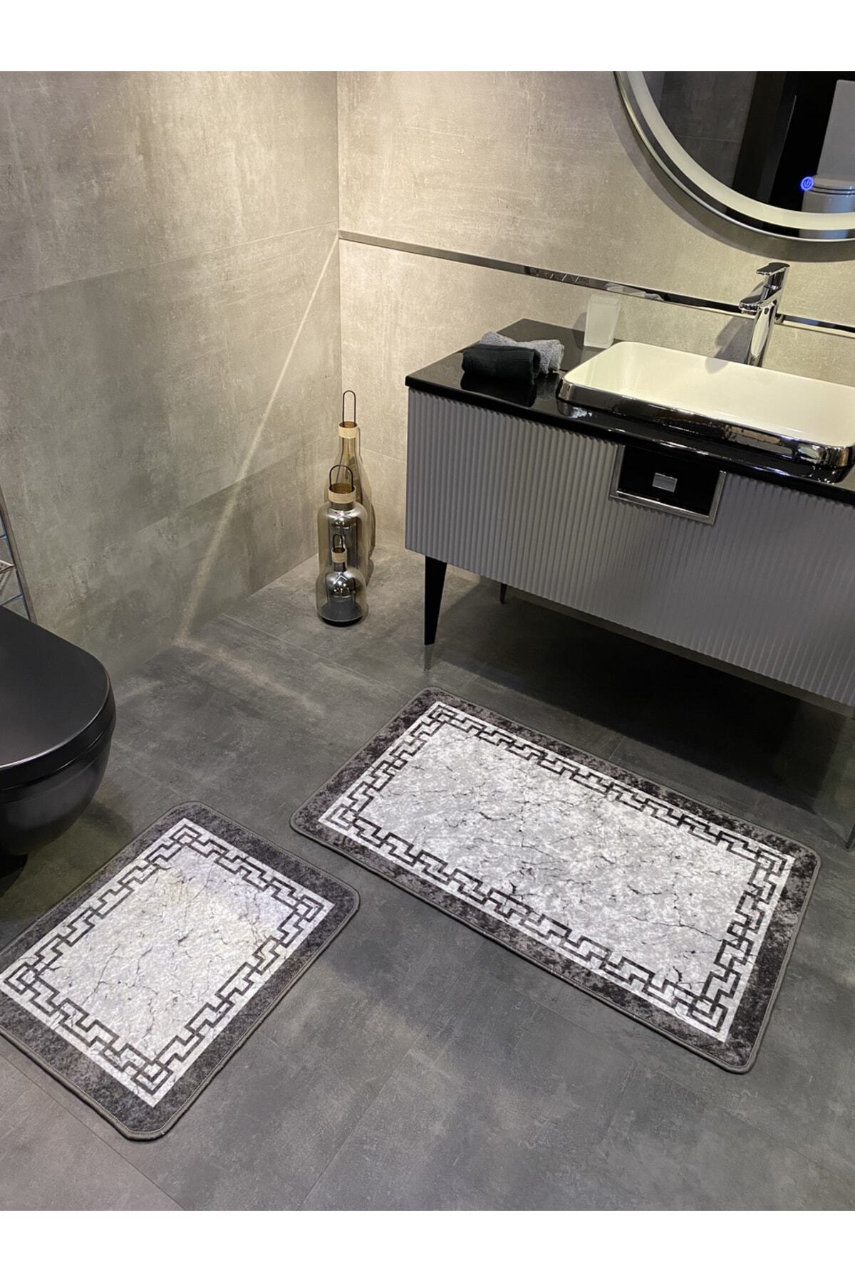 Lınaro 2'li Lateks Kaymaz Taban Su Geçirmez Banyo Paspas Takımı (60x100 - 60x50) Gri