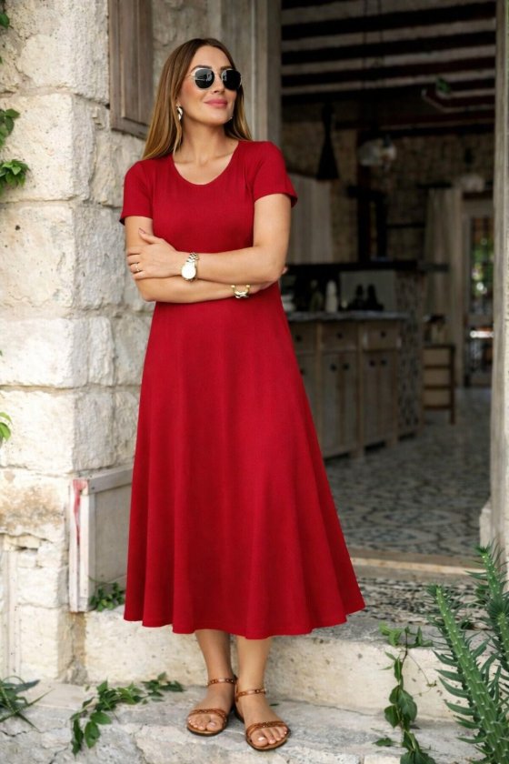 Women's Short Sleeve V Neck Slit Midi Viscose Dress