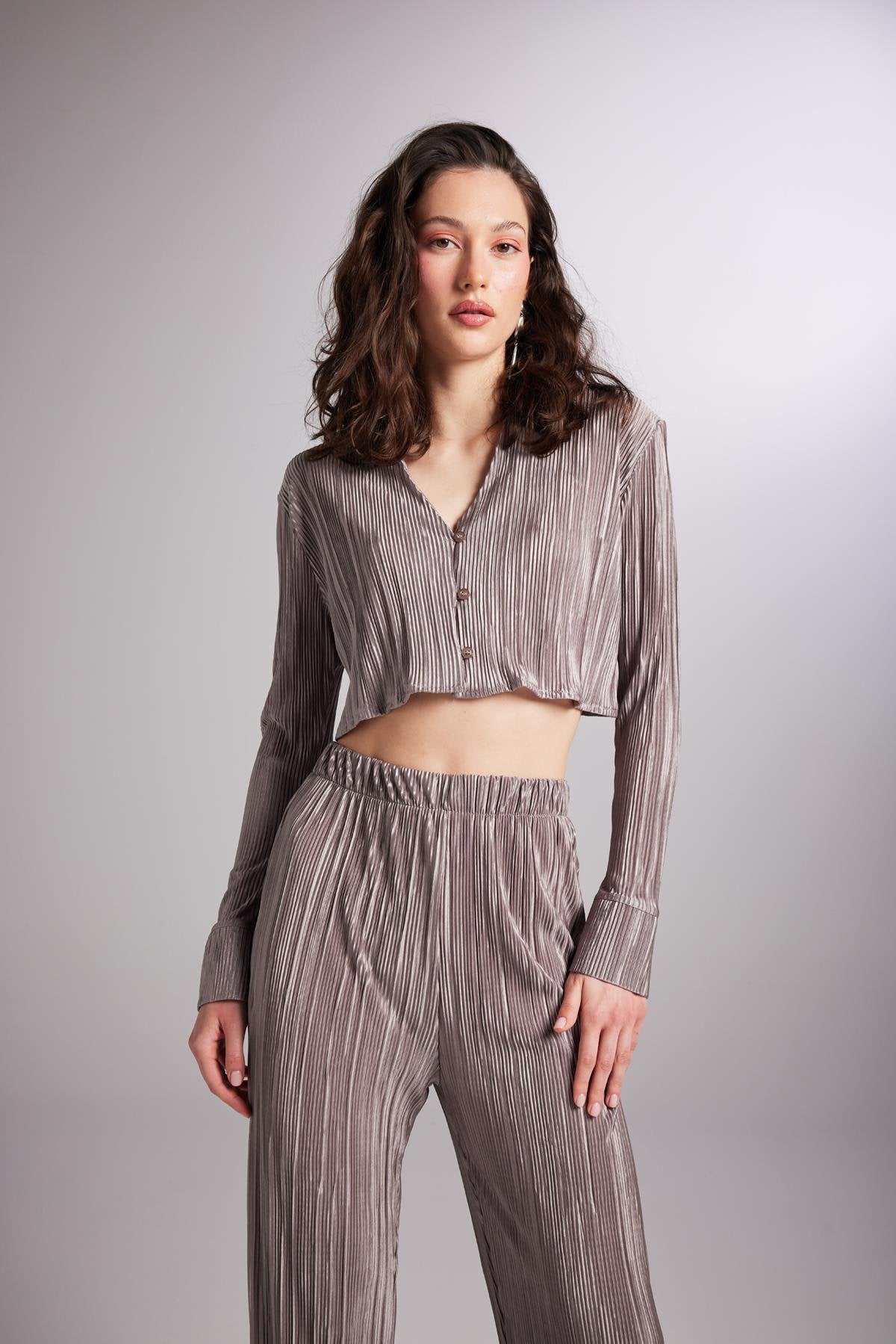 Crop Model Düğme Kapamalı Comfy Crop Gömlek Vizon