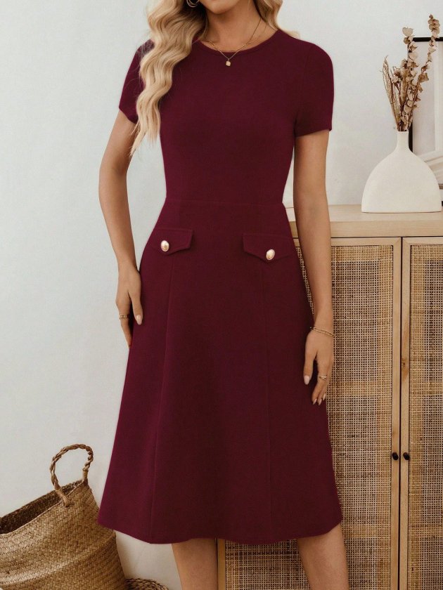 Women's Short Sleeve Crew Neck Pocket Detail Midi Imported Crepe Dress