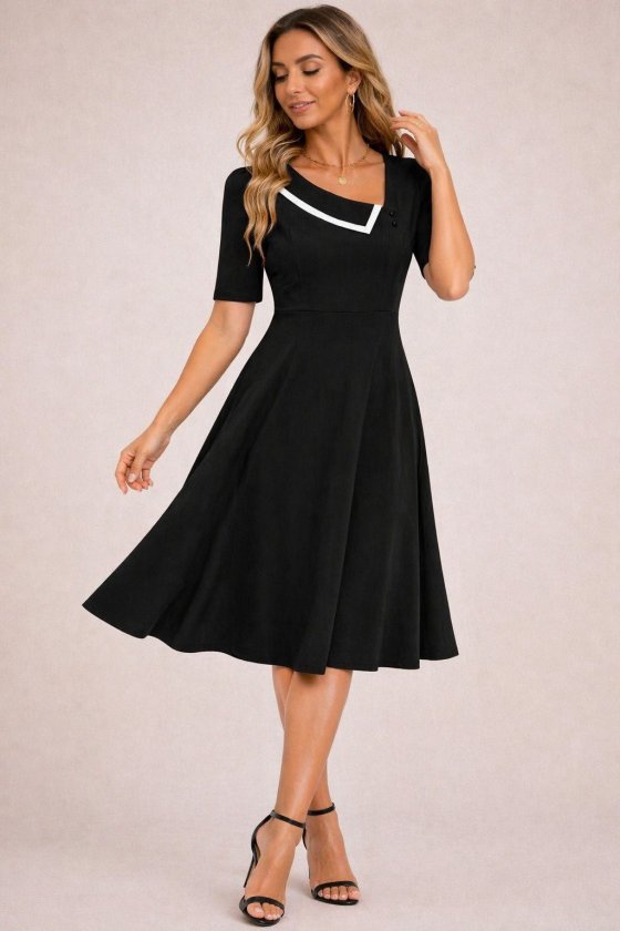 Women's Short Sleeve Asymmetric Collar Detailed Midi Ruffle Crepe Dress