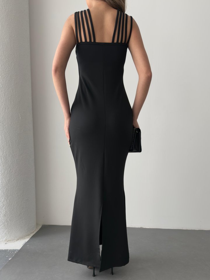 Women's Multi-Strap Shoulder Front Stone Embellished Fish-Cut Ruffled Crepe Maxi Dress