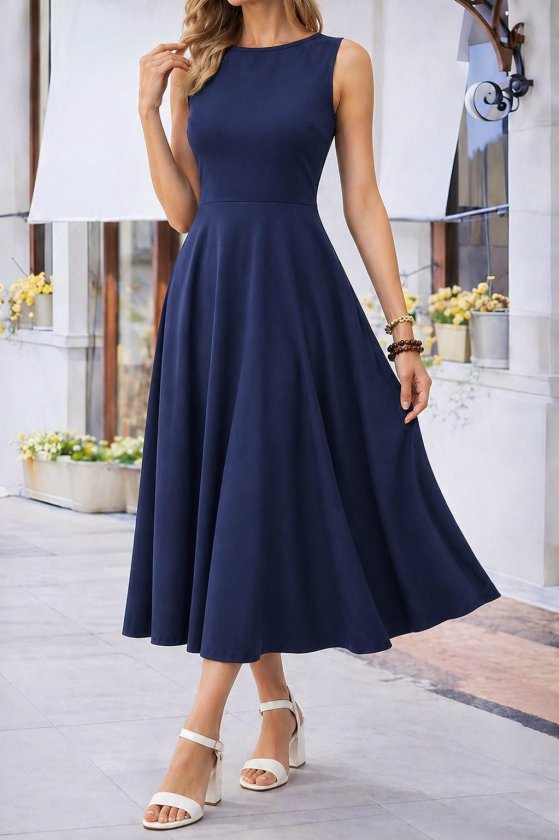 Women's Off-Shoulder Boat Neck Flared Midi Viscose Dress