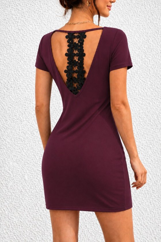 Women's Short Sleeve Back Lace Detailed Short Viscose Two-Ply Dress