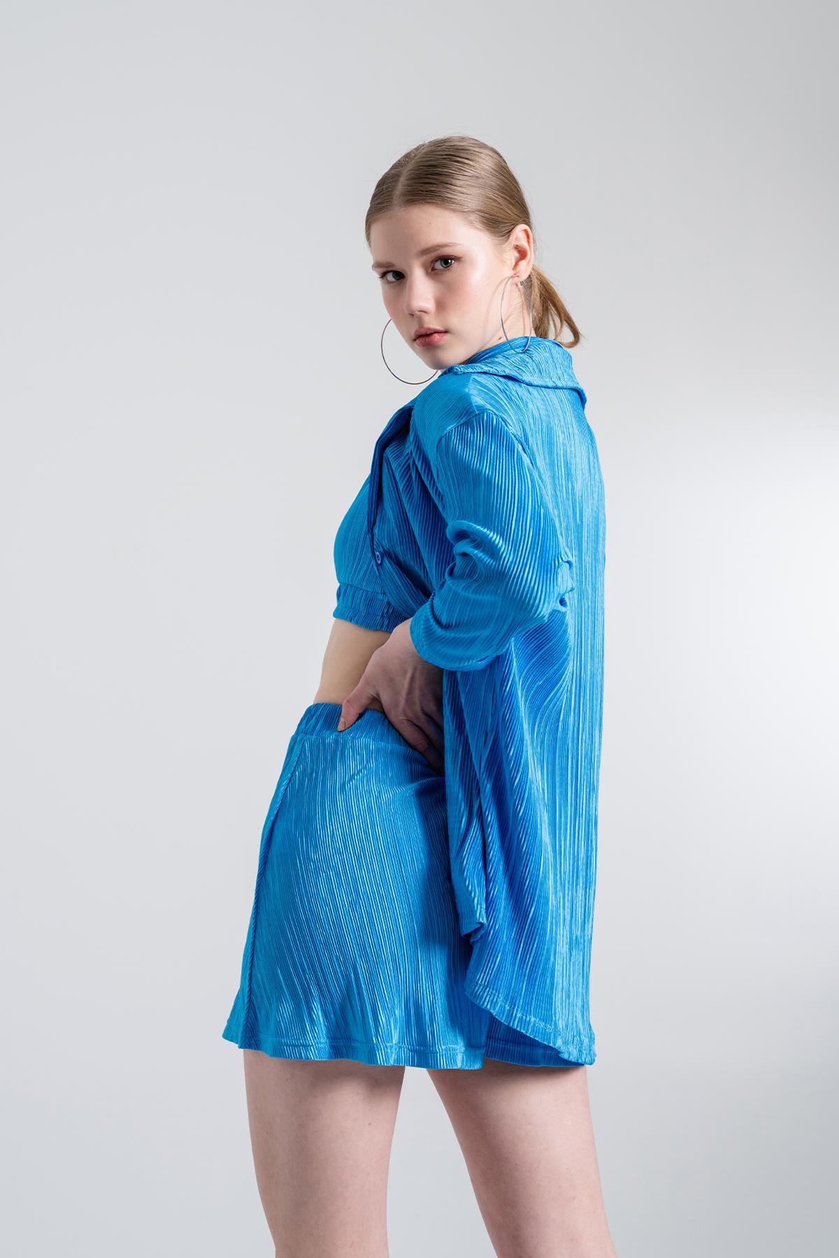 Oversize Düğme Kapamalı Comfy Oversize Gömlek Mavi