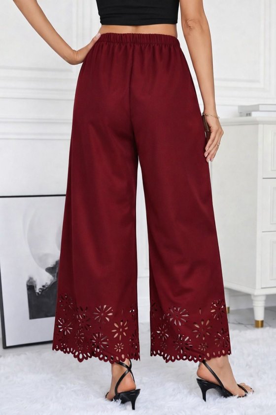 Women's High Waist Elastic Waist Floral Pattern Laser Cut Imported Crepe Pants