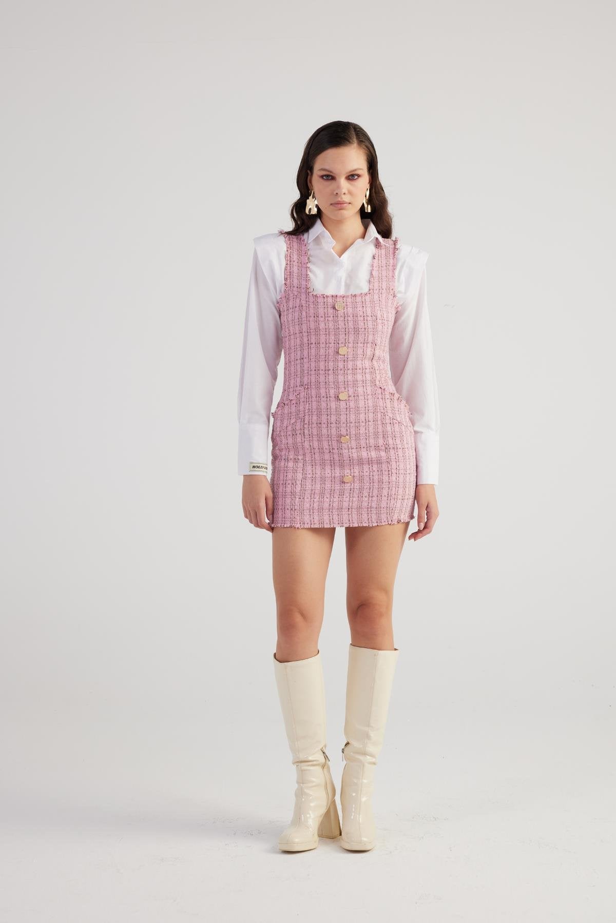 Tweed Elbise Pembe Pembe L