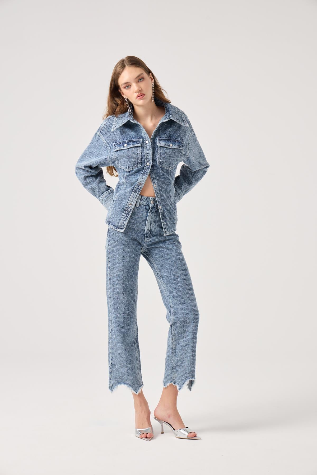 Özel Kumaş Efektli Laura Jean Pantolon Mavi