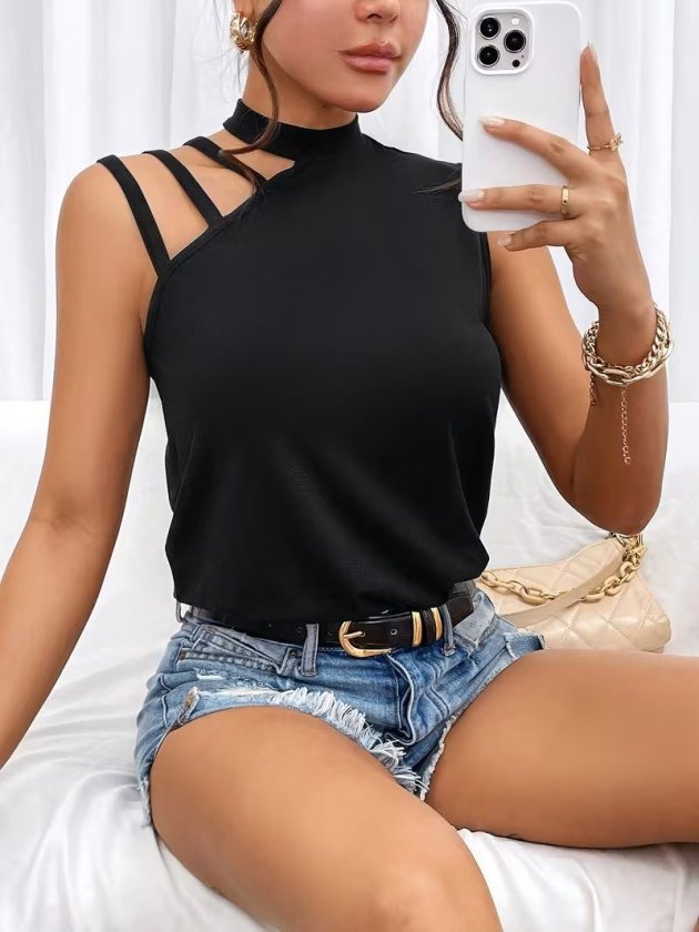 Women's Shoulder Stripe Detail Half Turtleneck Viscose Blouse