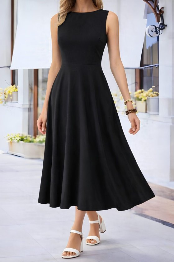 Women's Off-Shoulder Boat Neck Flared Midi Viscose Dress