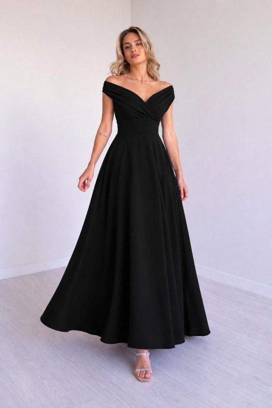 Women's Off-Shoulder Wrap Collar Fitted Waist Long Ruffle Crepe Dress