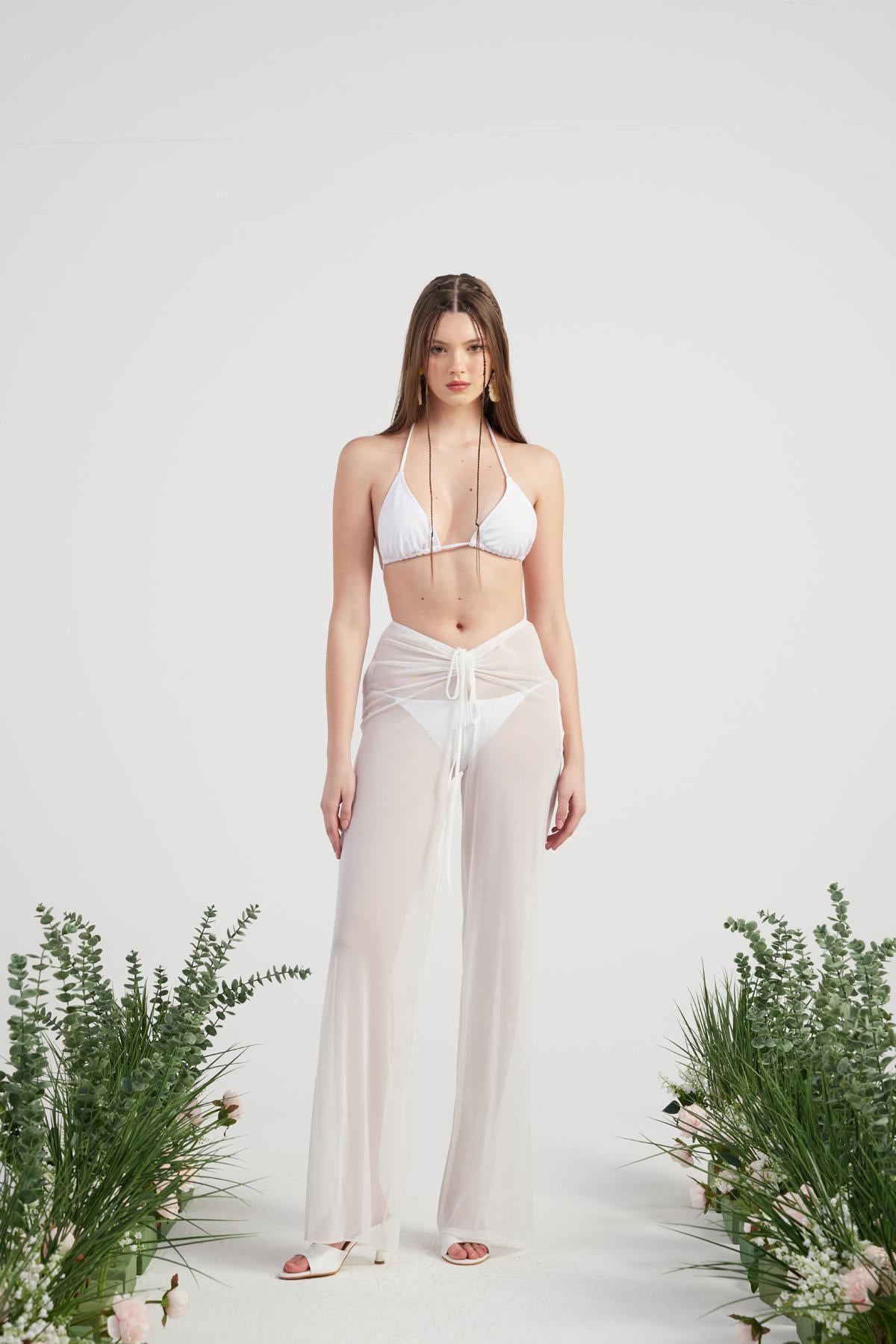 Beli İp Detaylı Tül Pareo Shirred Pantolon Beyaz