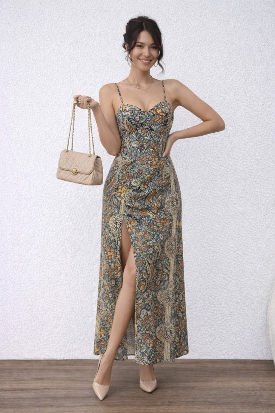Women’s Thin Strap Cross Back Cut Detail Long Patterned Supreme Dress