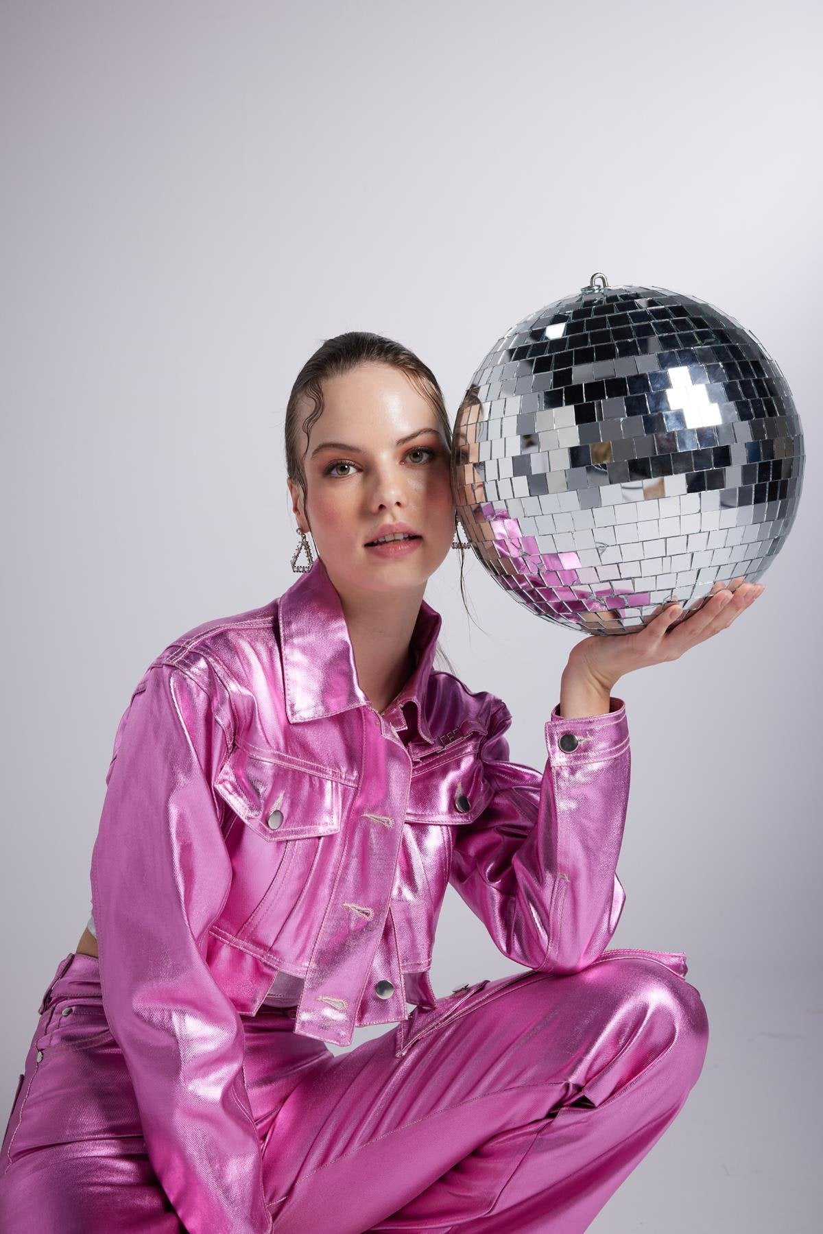 Varak Kaplama Crop Millen Ceket Pembe