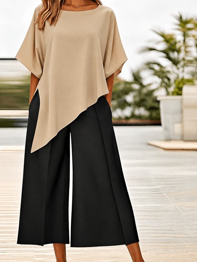 Kadın Kısa Kollu Yuvarlak Yakalı önü Asimetrik Kesim Detaylı Dubai Bluz Ve Geniş Paçalı Yüksek Bel Janjan Krep Pantolon Ikili Takım