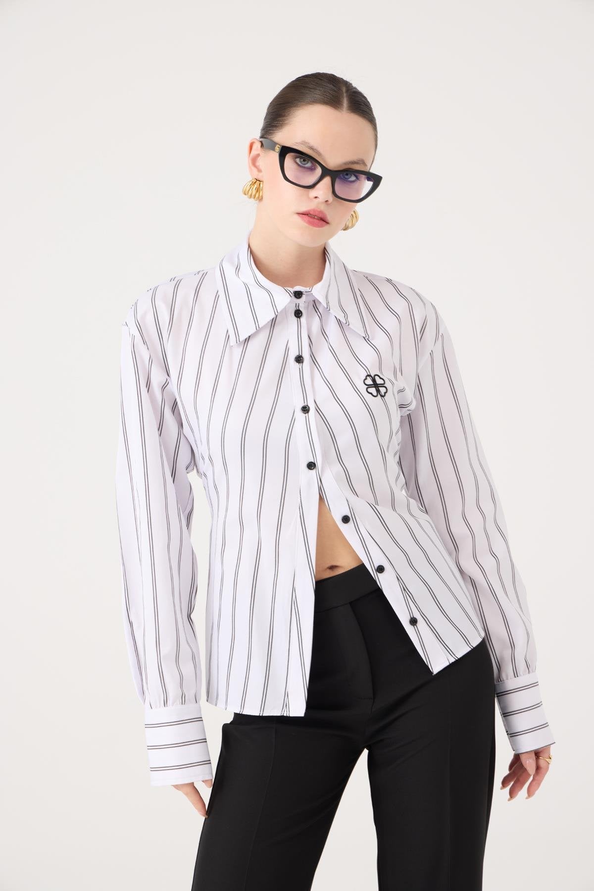 Çizgili Belden Oturmalı Betty Gömlek Beyaz Beyaz L