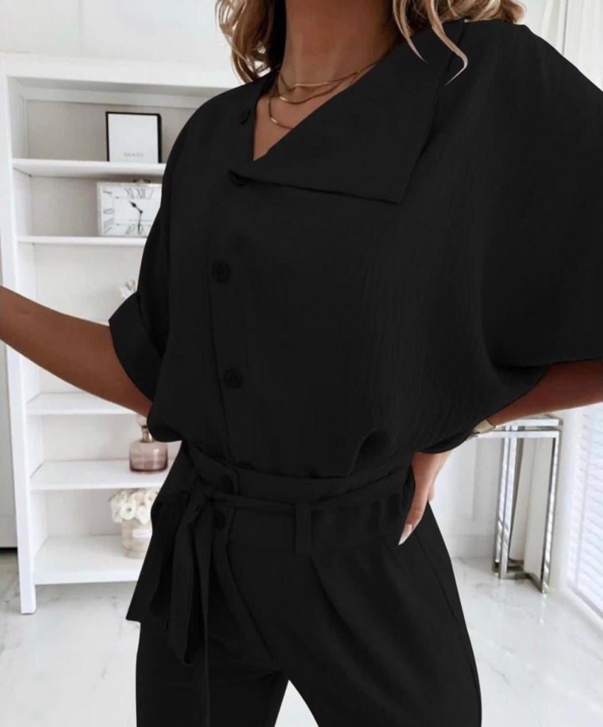 Women's Short Sleeve Collared Front Button Crinkled Blouse and Pants Two-Piece Set