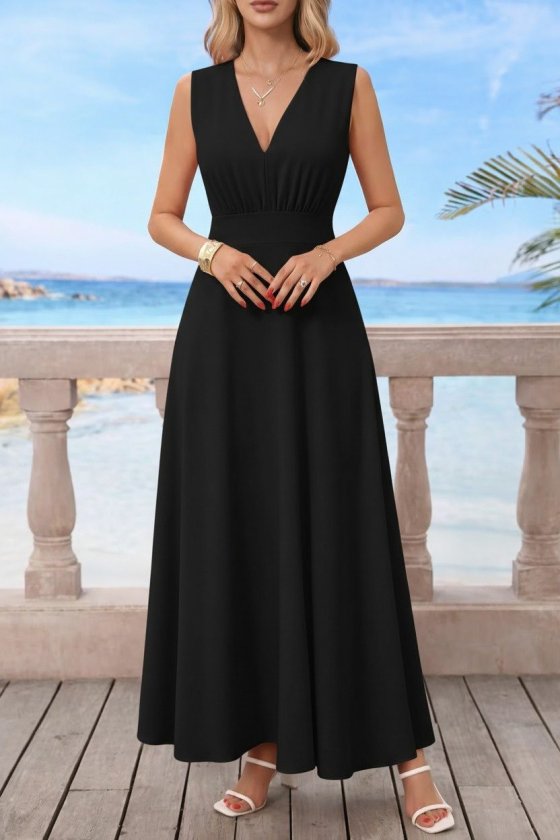 Women's Sleeveless V-Neck Waist Corset Detail Long Imported Crepe Dress