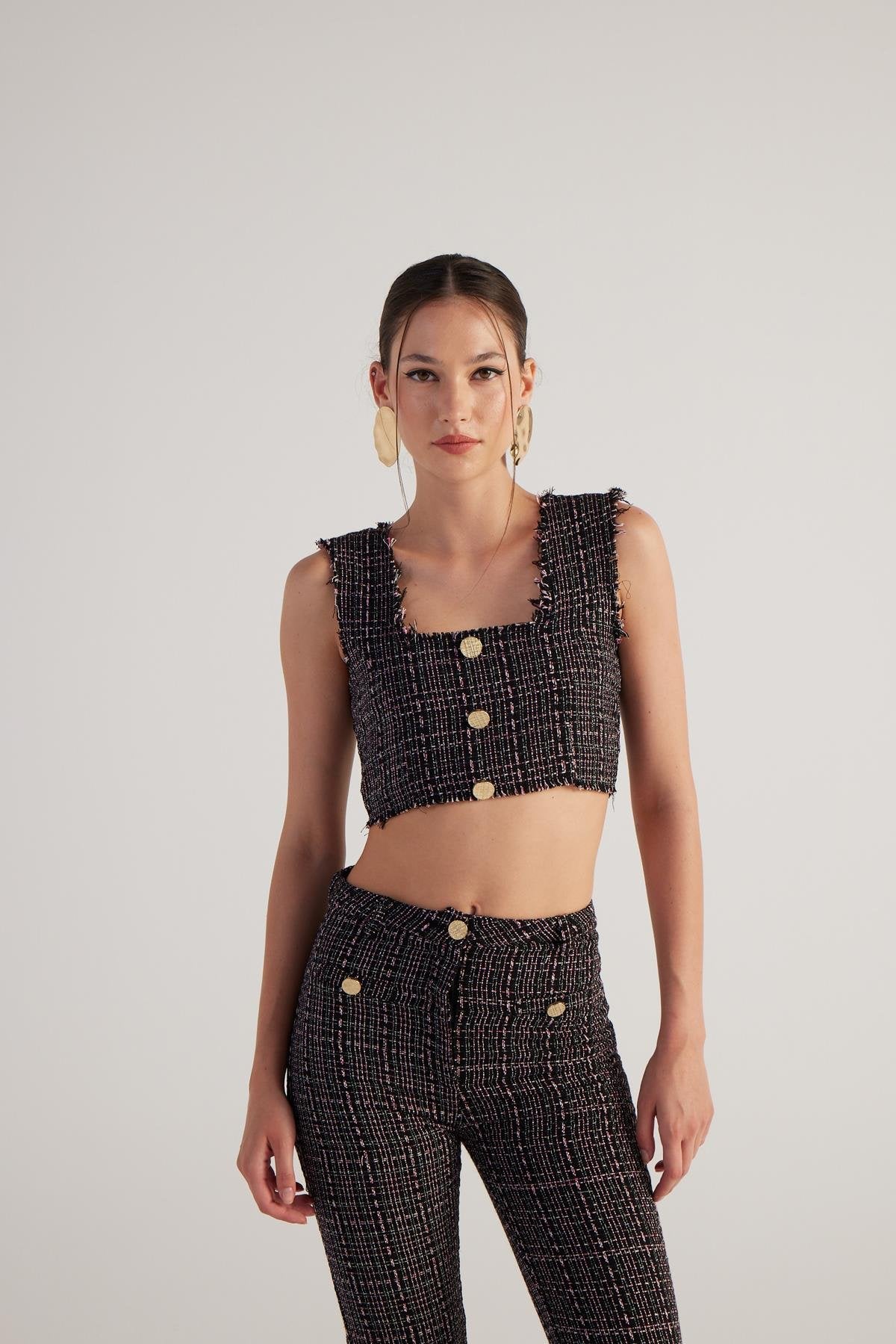 Tüvit Kumaş Crop Tweed Büstiyer Siyah