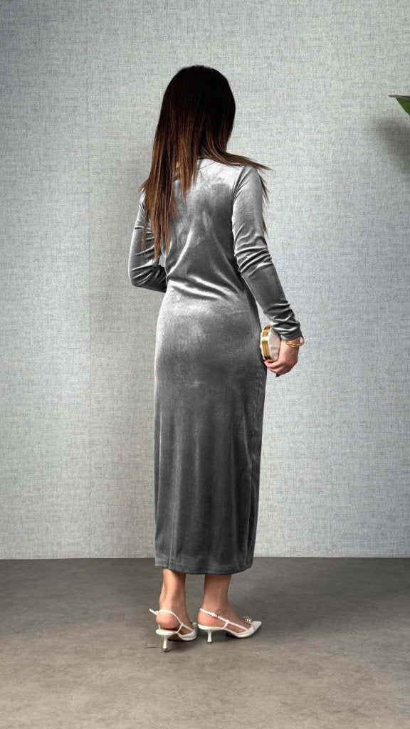 Women's Long Sleeve Shoulder Ruched Side Stone Detail Long Velvet Dress