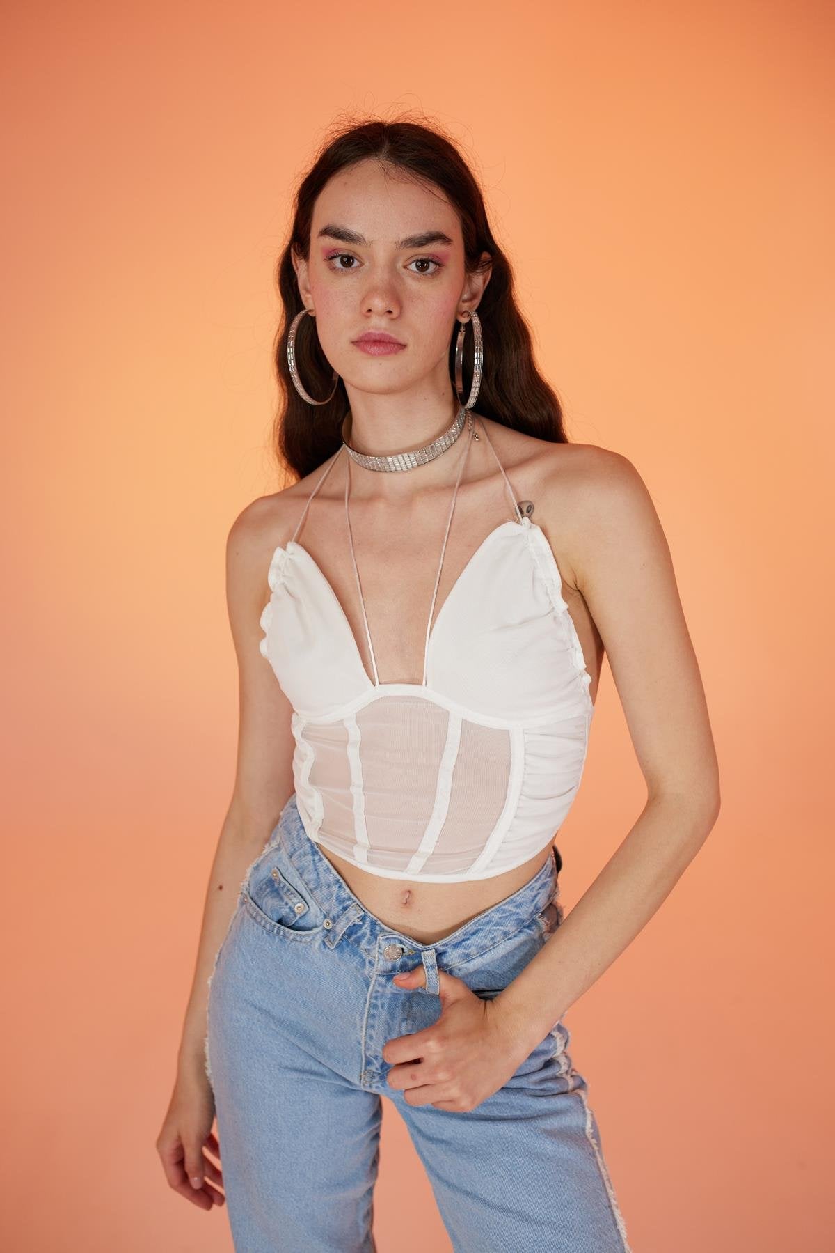 İp Bağlamalı Tül Sasha Bluz Beyaz