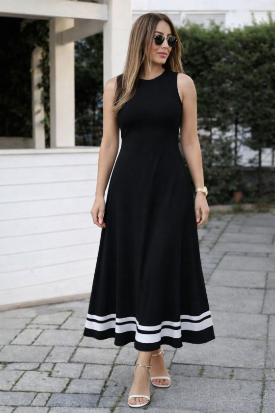 Women's Strappy Round Neck Hem Stripe Detailed Long Viscose Dress