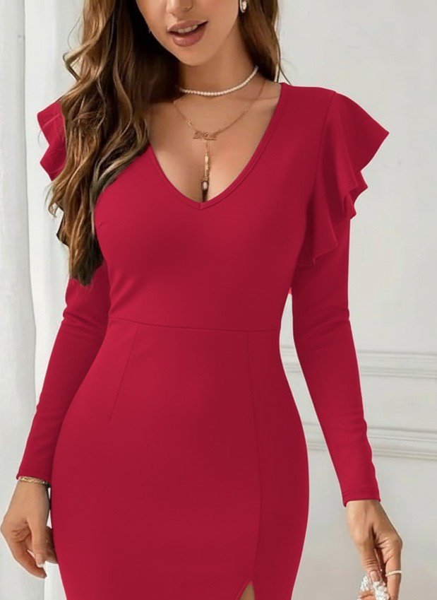 Women’s Long Sleeve V Neck Side Slit Midi Imported Crepe Dress