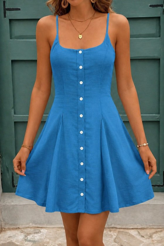 Women's Spaghetti Strap Front Buttoned Drawstring Short Dress