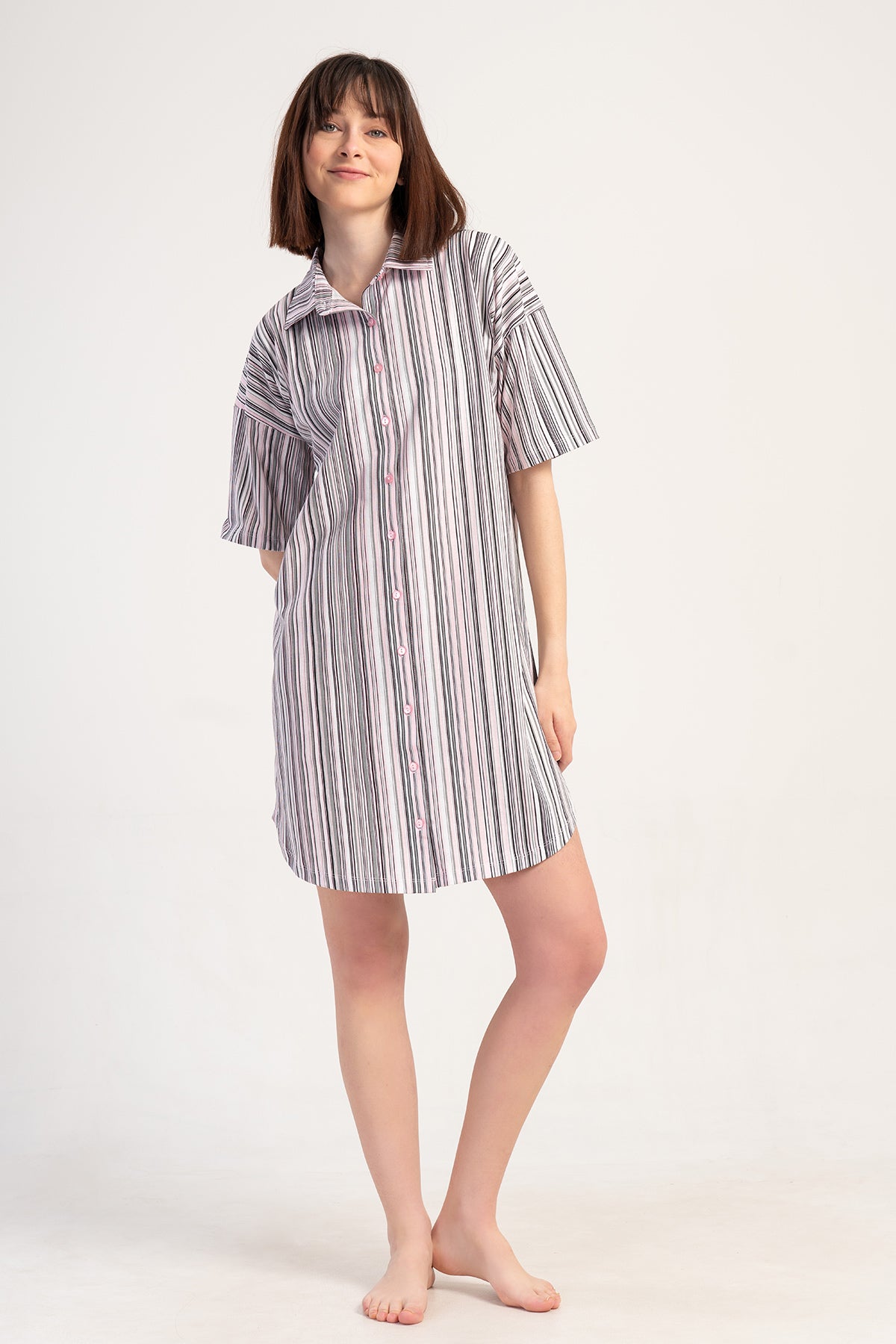 KADIN P.SUPREM DUSUK OMUZLU TAMAMI DUGMELI KISA KOL ETEGI OVAL GOMLEK TUNIK