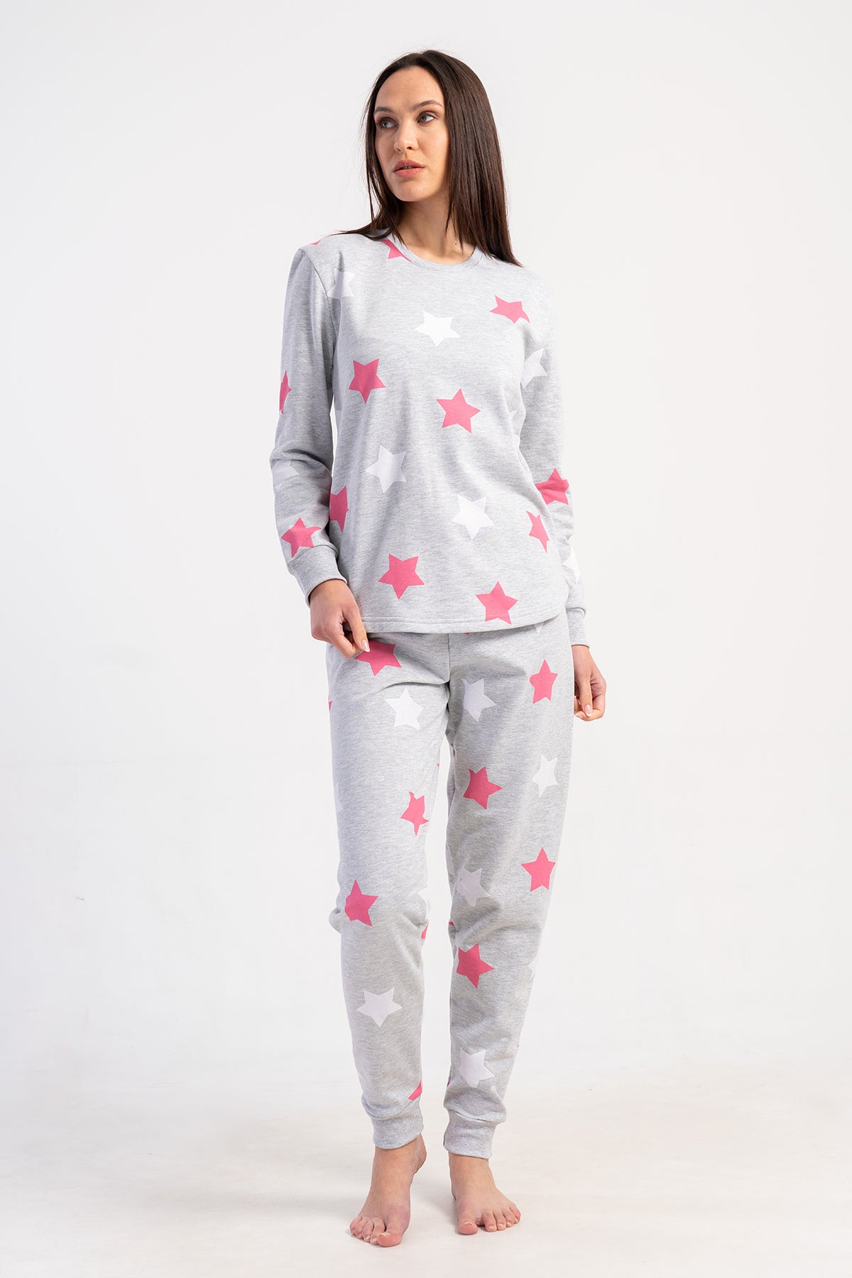 KADIN 2IPLIK O YAKA UZUN KOL ETEGI OVAL MANSETLI PIJAMA TAKIM