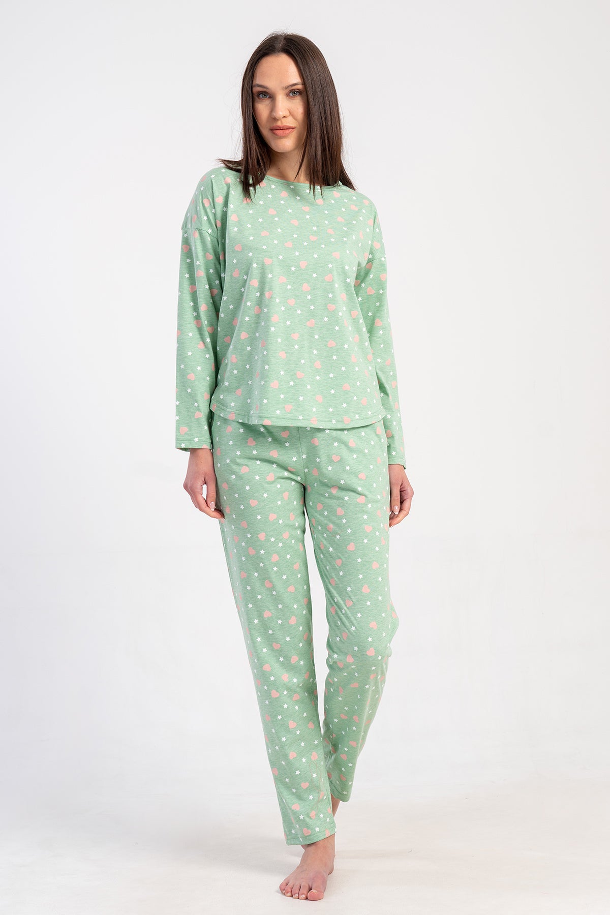 KADIN P.SUPREM O YAKA DUSUK OMUZLU UZUN KOL ETEGI OVAL CEPLI PIJAMA TAKIM