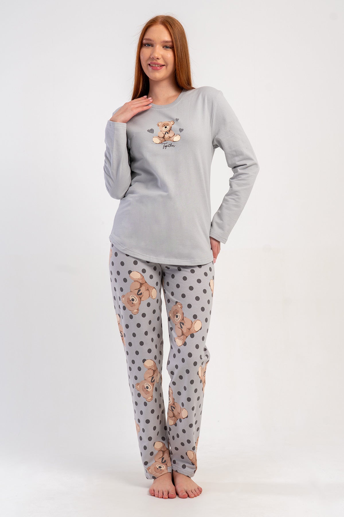 KADIN 2IPLIK O YAKA UZUN KOL ETEGI OVAL PIJAMA TAKIM