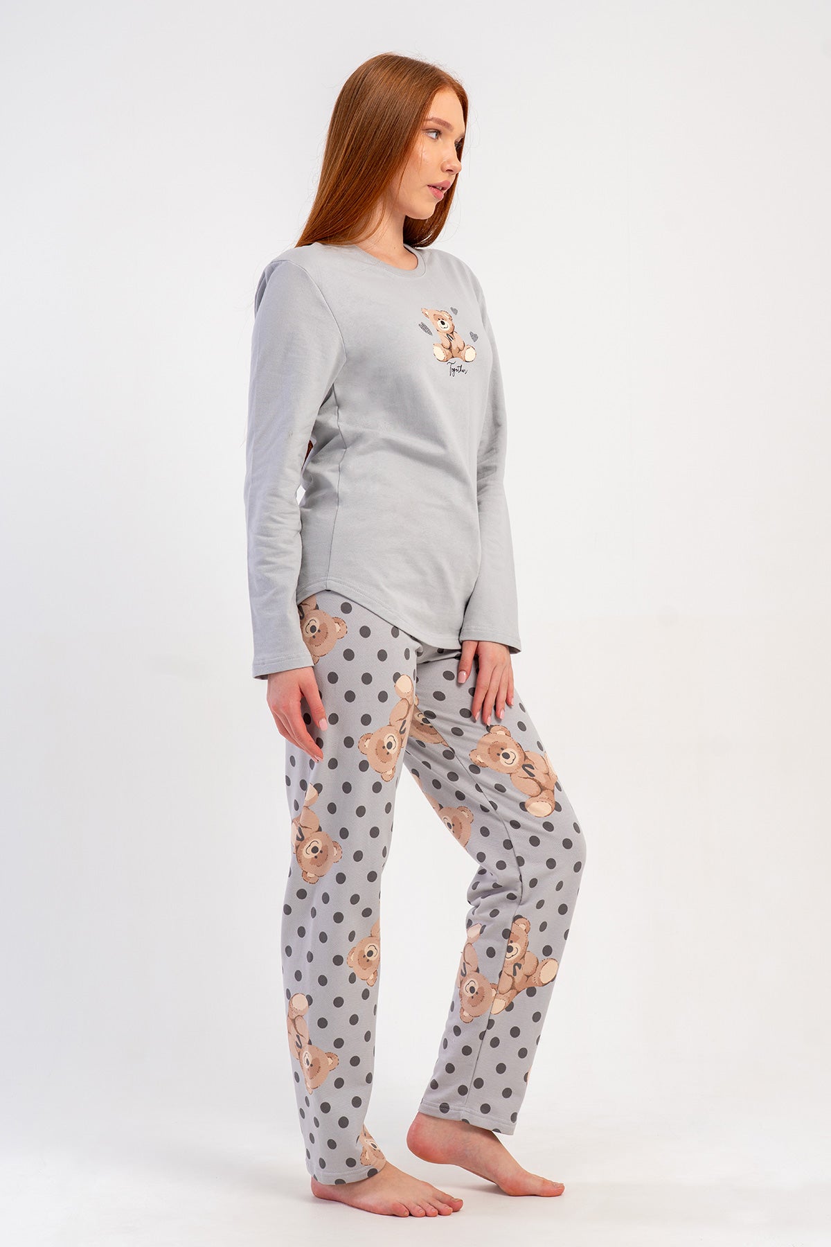 KADIN 2IPLIK O YAKA UZUN KOL ETEGI OVAL PIJAMA TAKIM