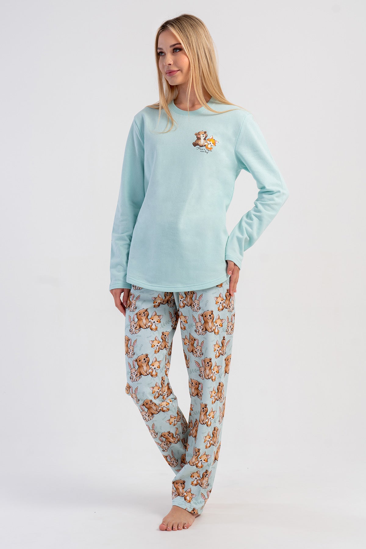 KADIN 2IPLIK O YAKA UZUN KOL ETEGI OVAL PIJAMA TAKIM