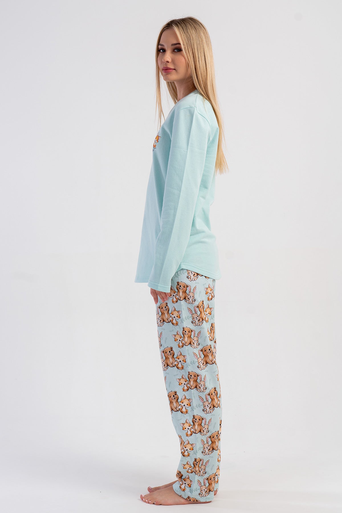 KADIN 2IPLIK O YAKA UZUN KOL ETEGI OVAL PIJAMA TAKIM