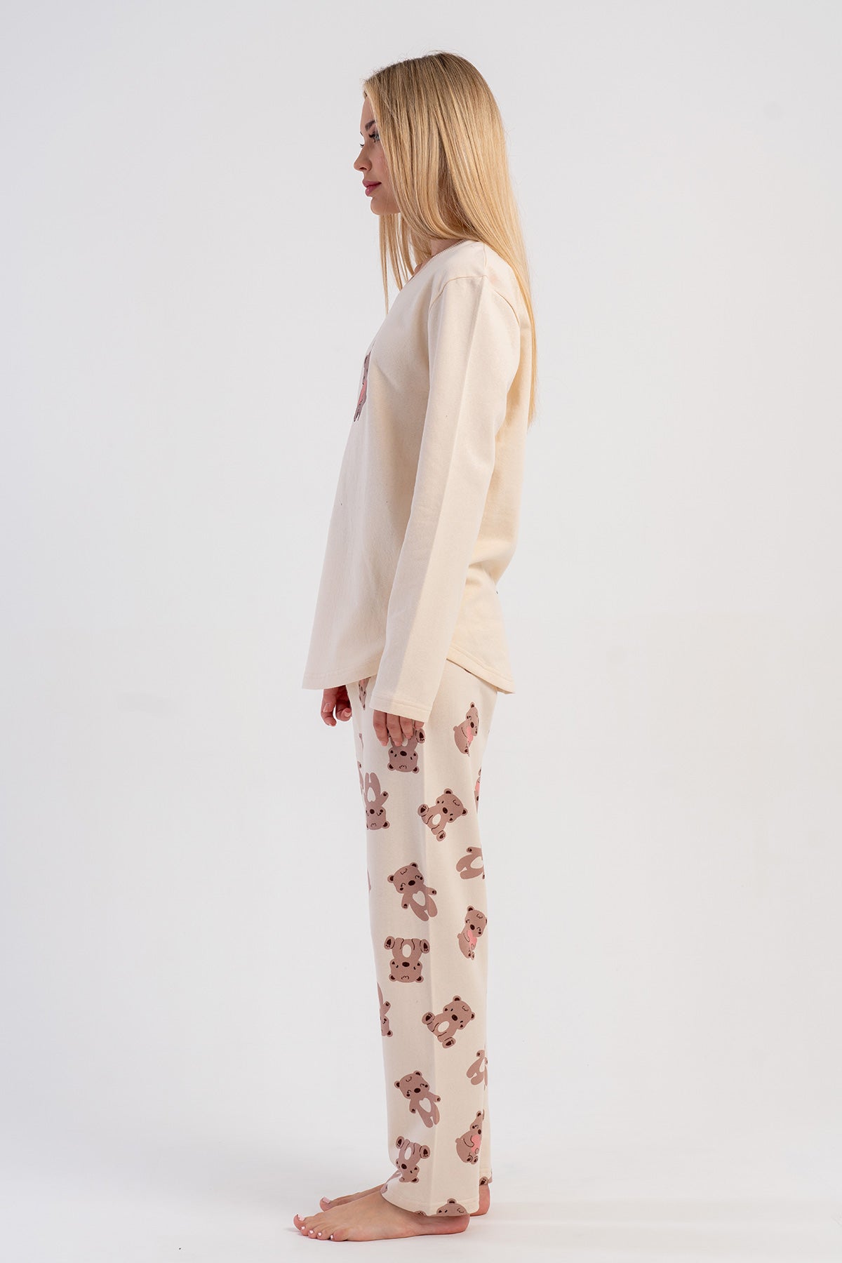 KADIN 2IPLIK O YAKA UZUN KOL ETEGI OVAL PIJAMA TAKIM