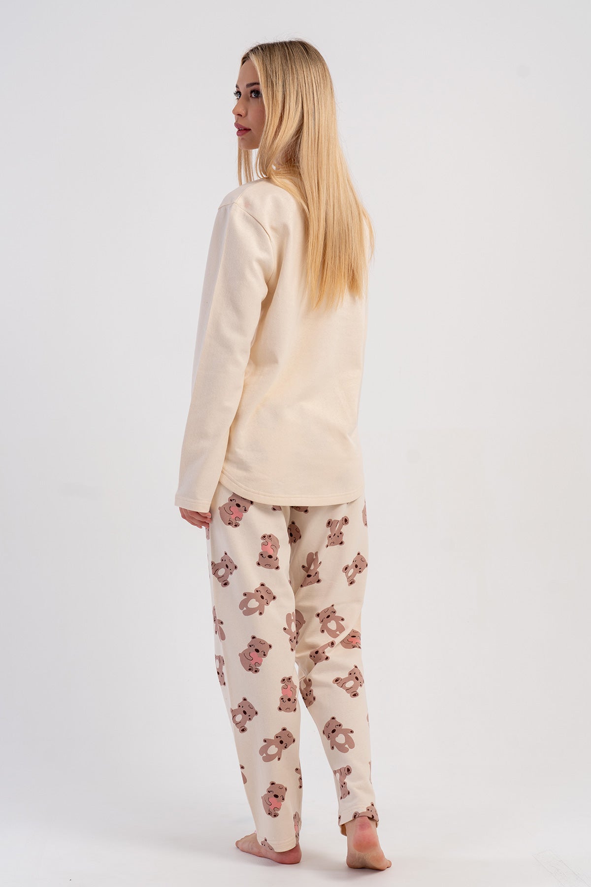 KADIN 2IPLIK O YAKA UZUN KOL ETEGI OVAL PIJAMA TAKIM