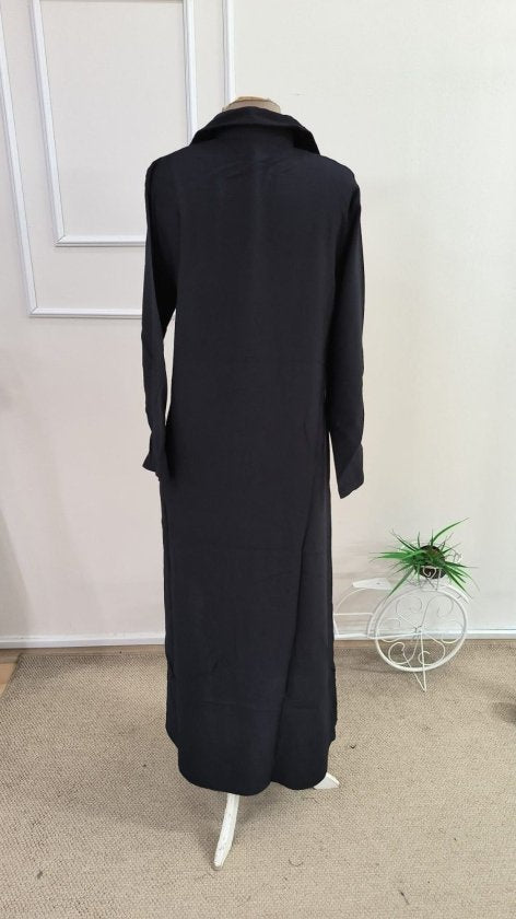 Women's Long Sleeve Collared Front Button Wide Cut Detailed Long Dress