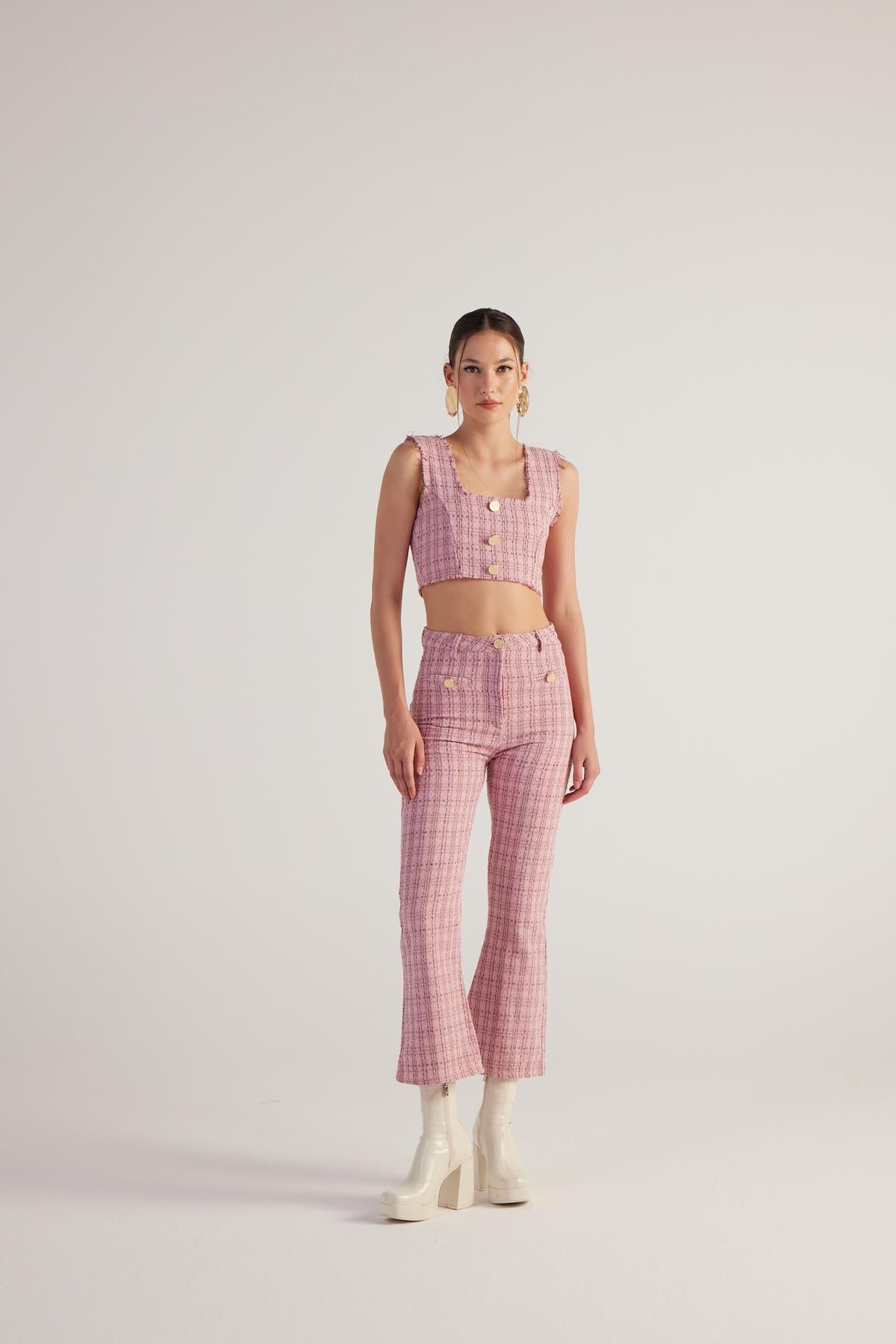 İspanyol Kesim Tüvit Tweed Pantolon Pembe