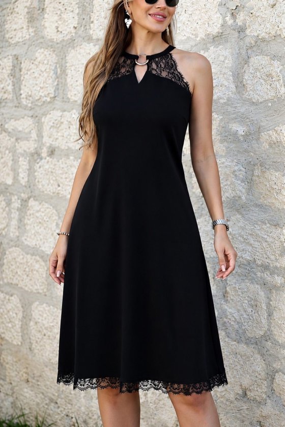 Women's Off-Shoulder Neckline with Ring Accessory Detailed Lace Midi Viscose Dress