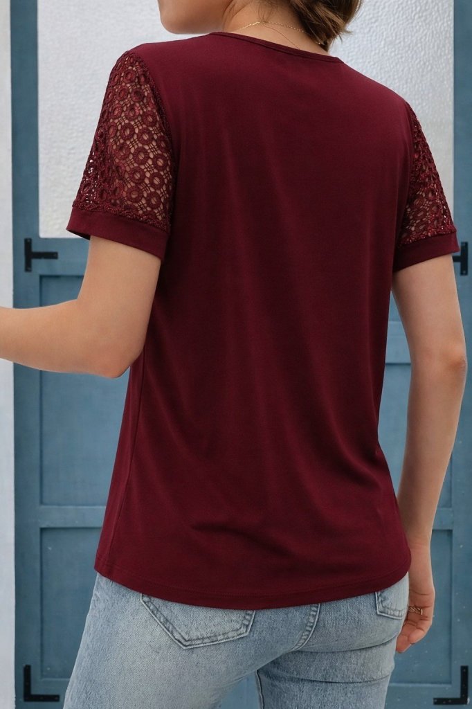 Women's Short Sleeve V Neck Lace Detail Viscose Blouse