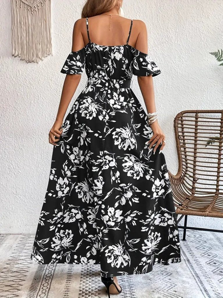 Women's Spaghetti Strap Short Sleeve Wrap Neck Slit Patterned Supreme Dress