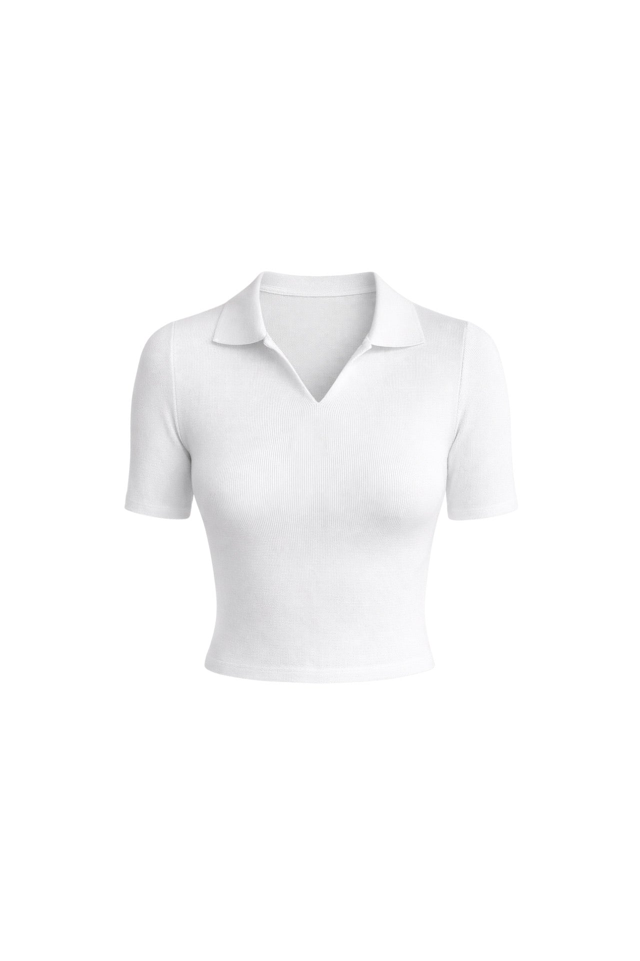Polo Yaka Beyaz Triko Crop Bluz