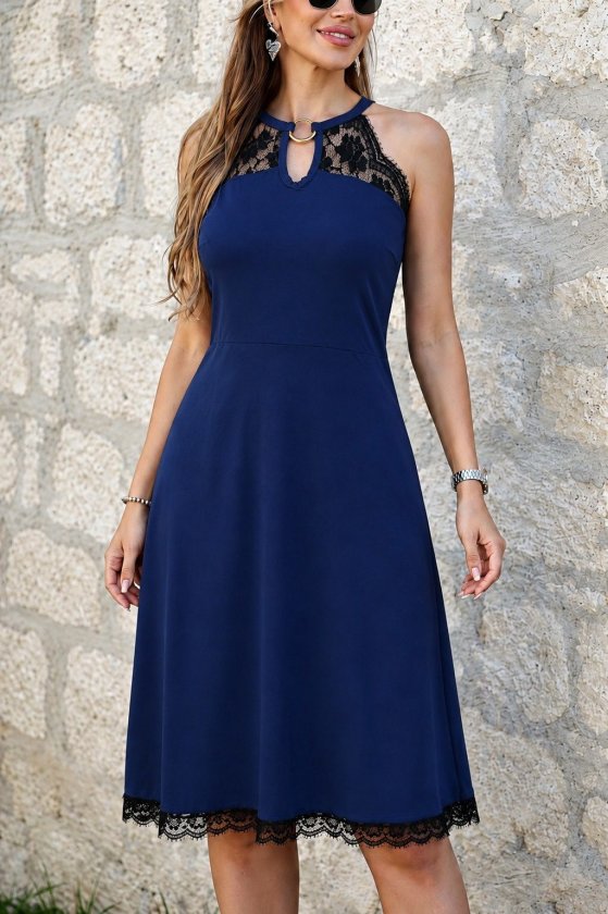 Women's Off-Shoulder Neckline with Ring Accessory Detailed Lace Midi Viscose Dress