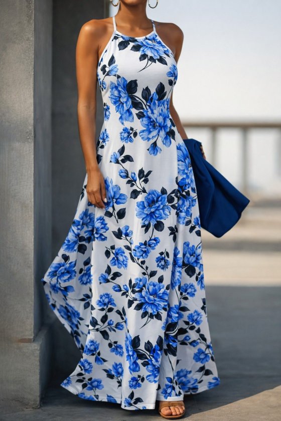 Women's Off-Shoulder Strap Patterned Long Supreme Dress