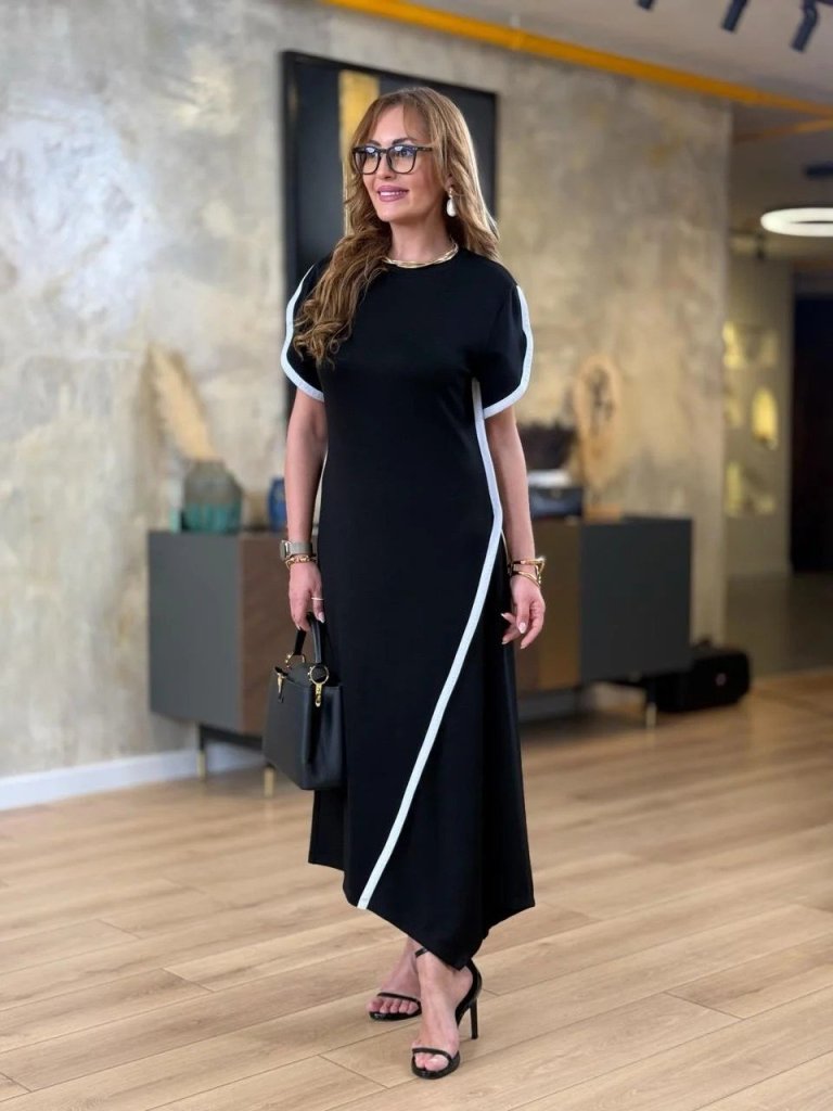 Women's Short Sleeve Crew Neck Double Stripe Color Detail Asymmetric Cut Viscose Double Thread Dress
