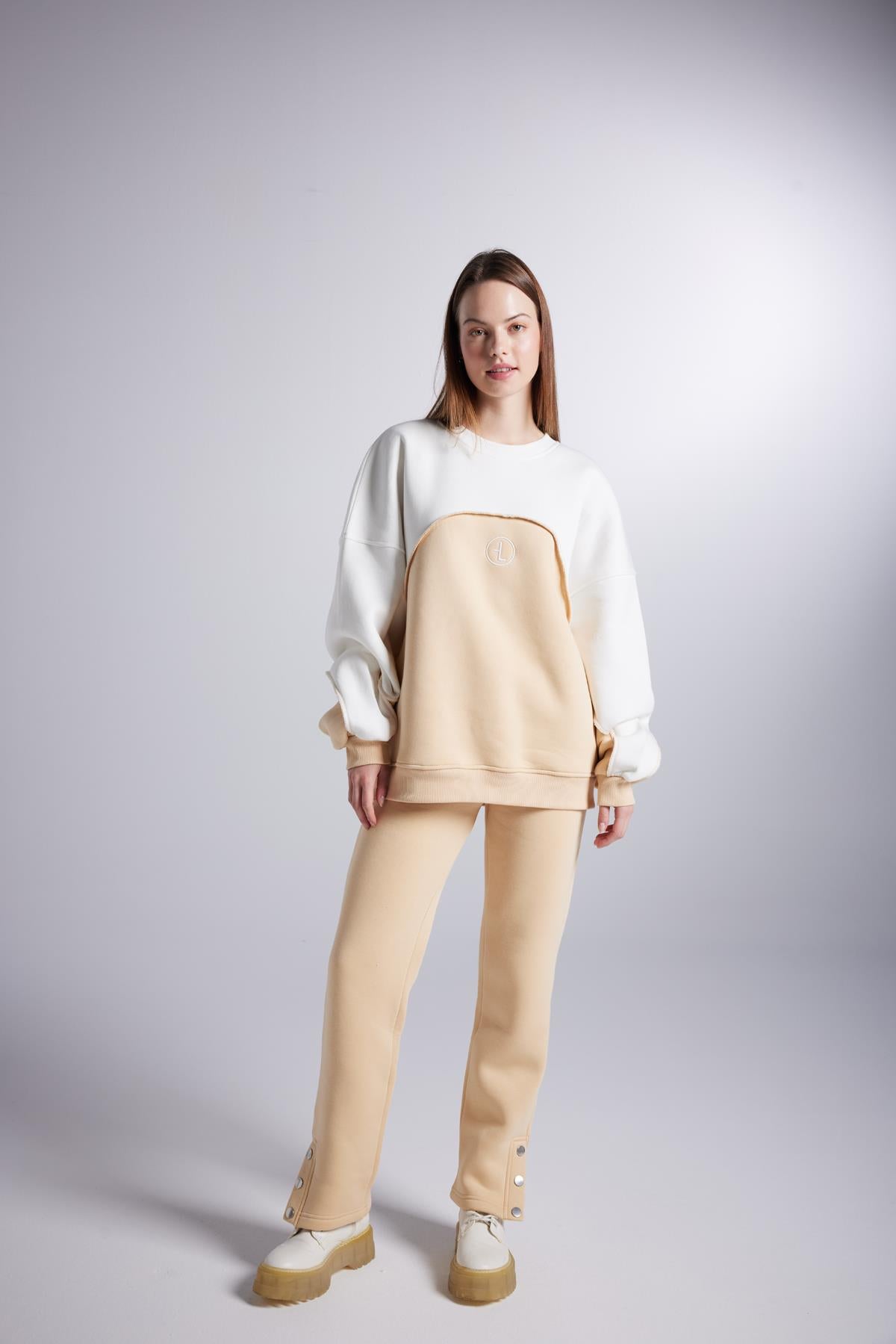 Şardonlu 3 İplik Kumaş Çıtçıt Kapamalı Lastikli Düz Kesim Nola Eşofman Altı Bej